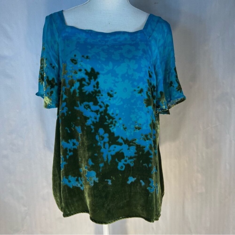 Anthropologie Maeve Shimmer Top Blue/Moss Green Floral Burnout Silk/Velvet EUC L